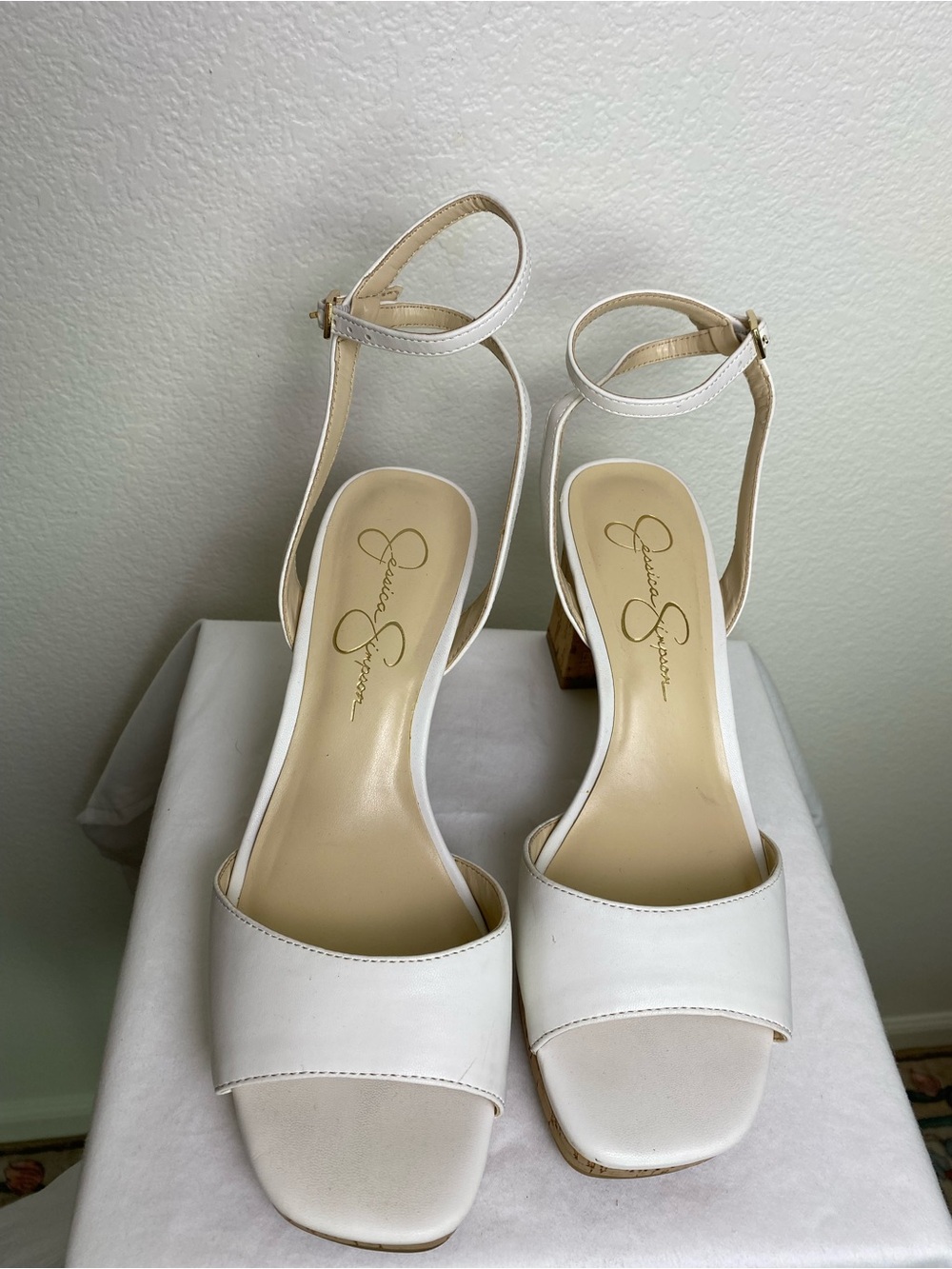 Jessica Simpson White Ankle Strap Cork Heel Sandals Size 9 EUC